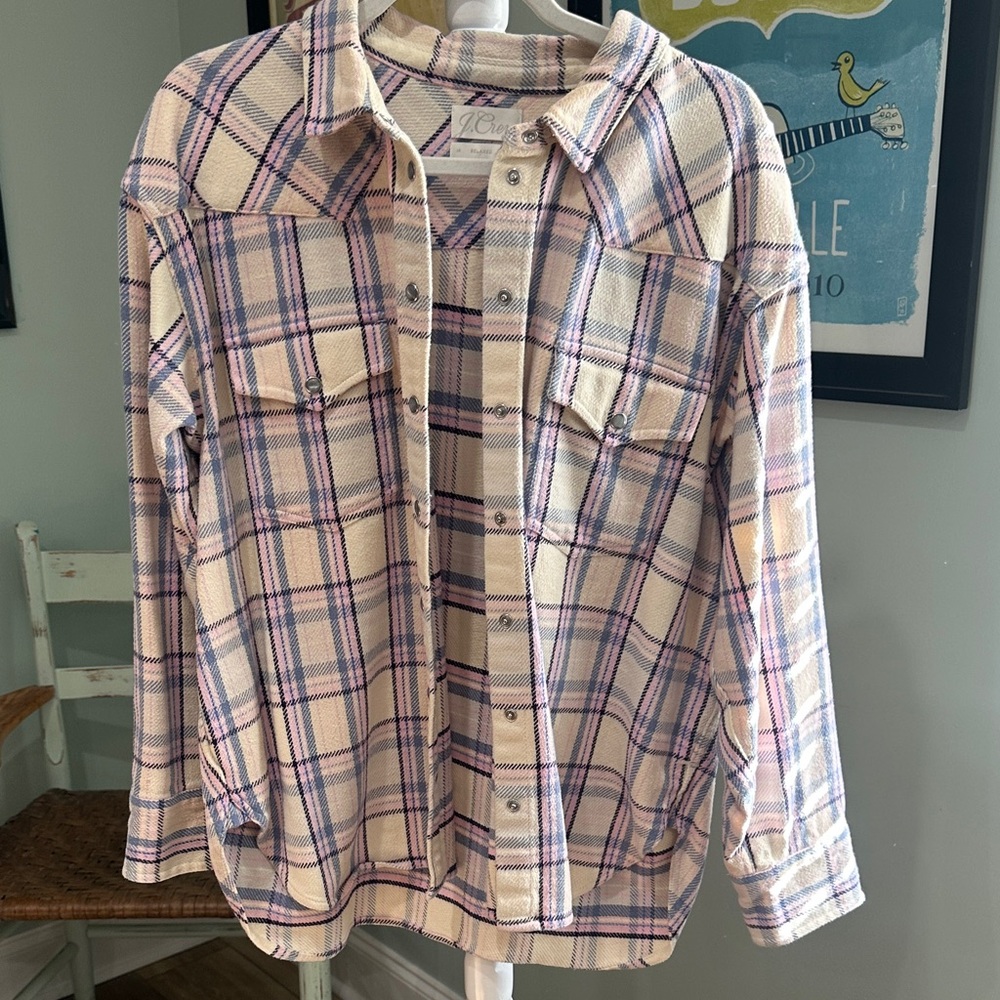 J. Crew Plaid flannel Shirt Cream Purple snaps-up 14 relaxed LARGE Shacket